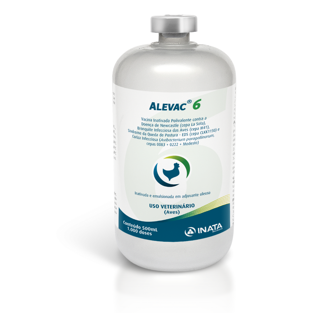 ALEVAC 6®

Vacina Inativada Polivalente contra a 
Doença de Newcastle (cepa La Sota), 
Bronquite Infecciosa das Aves (cepa M41), 
Síndrome da Queda de Postura - EDS (cepa CLKK1150) 
e Coriza Infecciosa (Avibacterium paragallinarum, cepas 0083 + 0222 + Modesto)